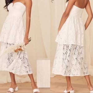 LULU’S “Always Remember Love” White Lace Tiered Sleeveless Midi Dress